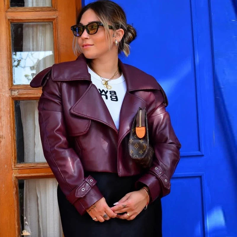 Cropped Faux Leather Moto Jacket - Leah Partow
