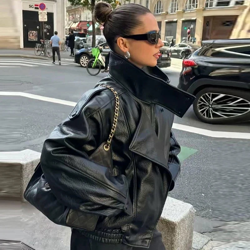 Cropped Faux Leather Bomber Jacket - Leah Partow