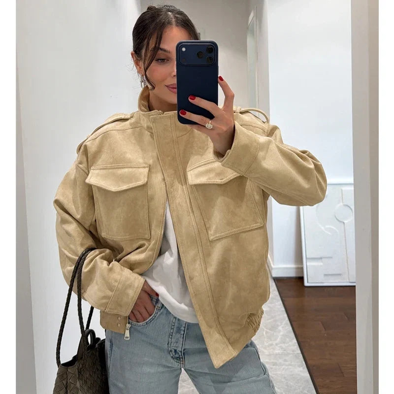 Suede-Like Utility Bomber Jacket - Leah Partow