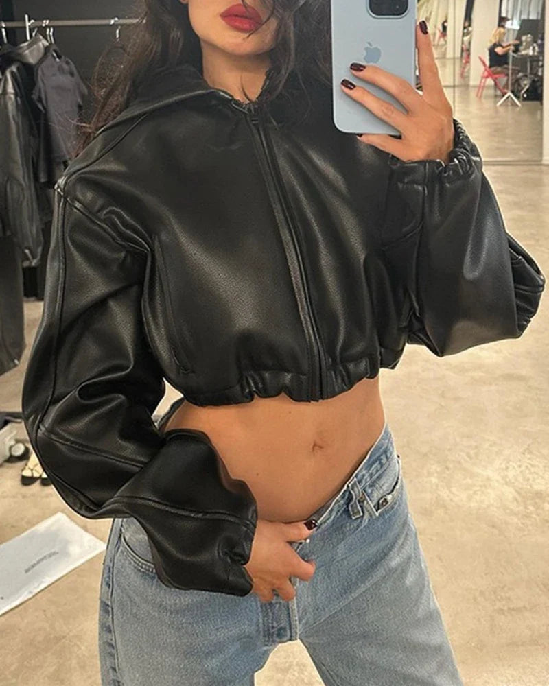 Hooded PU Leather Bomber Jacket - Leah Partow