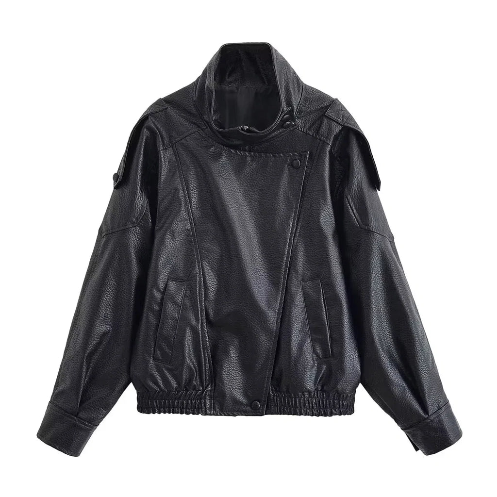 Cropped Faux Leather Moto Bomber Jacket - Leah Partow