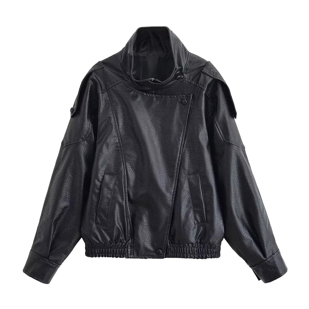 Stand Collar Faux Leather Jacket - Leah Partow