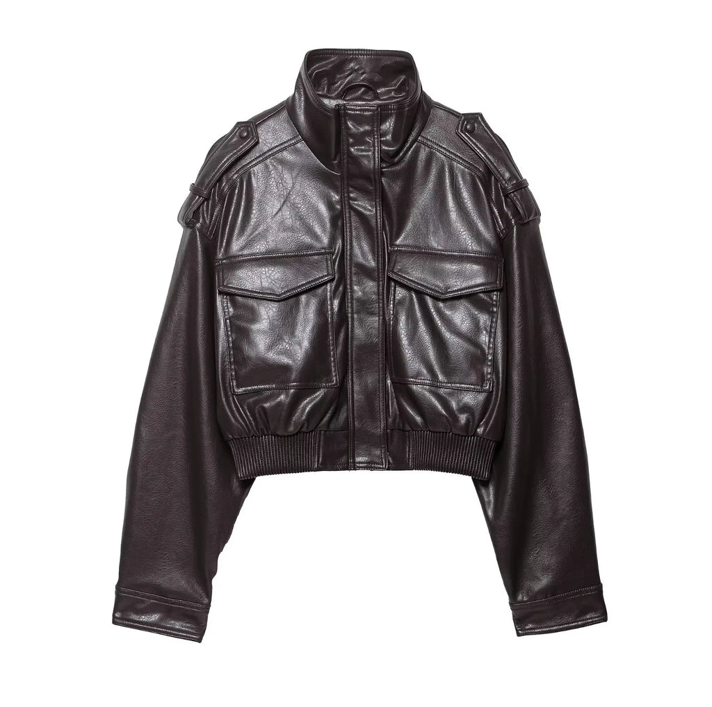 Cropped Faux Leather Bomber Jacket - Leah Partow