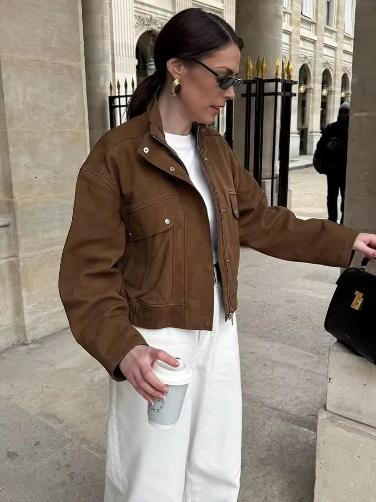 Suede-Effect Utility Bomber Jacket - Leah Partow