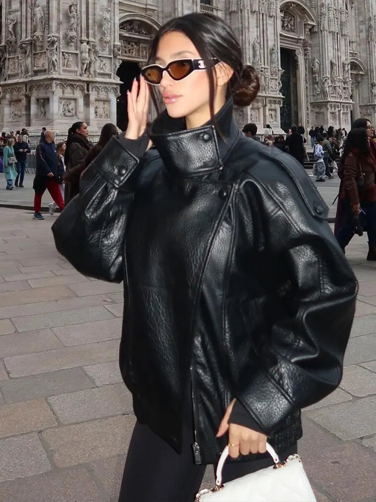 Cropped Faux Leather Moto Bomber Jacket - Leah Partow