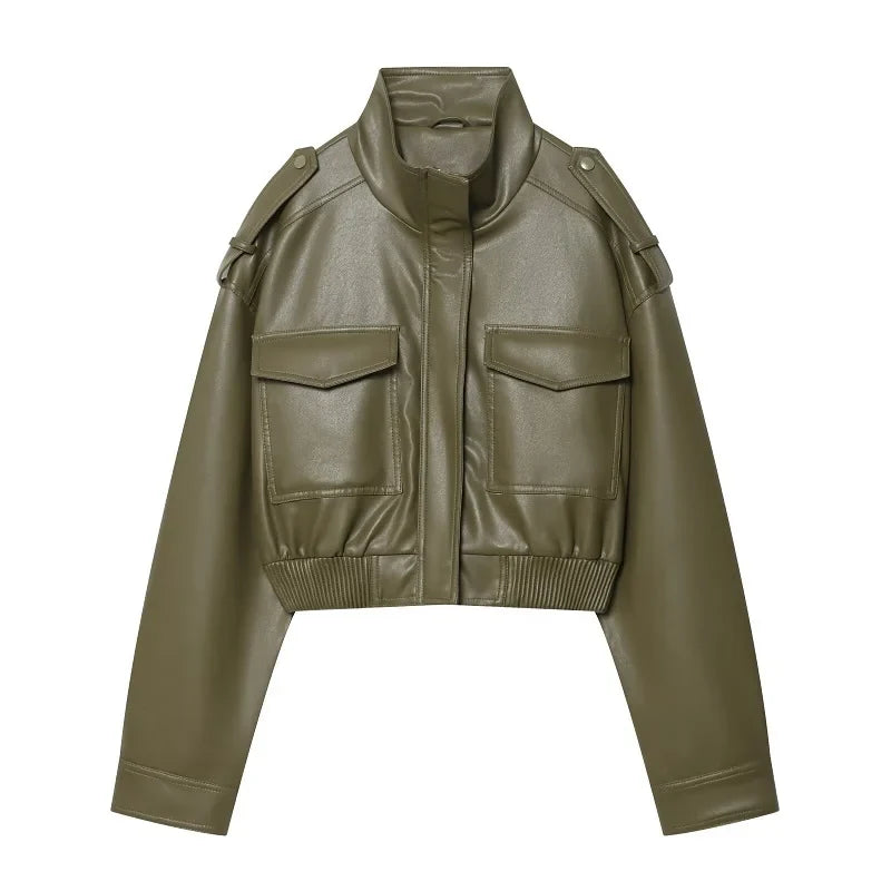 Cropped Faux Leather Bomber Jacket - Leah Partow