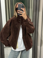 Deep Brown Suede-Like Bomber Jacket - Leah Partow