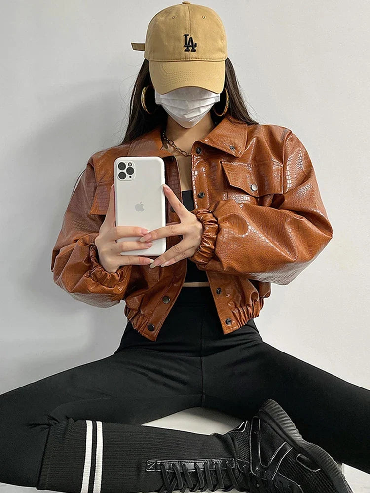 Cropped Crocodile Faux Leather Jacket - Leah Partow