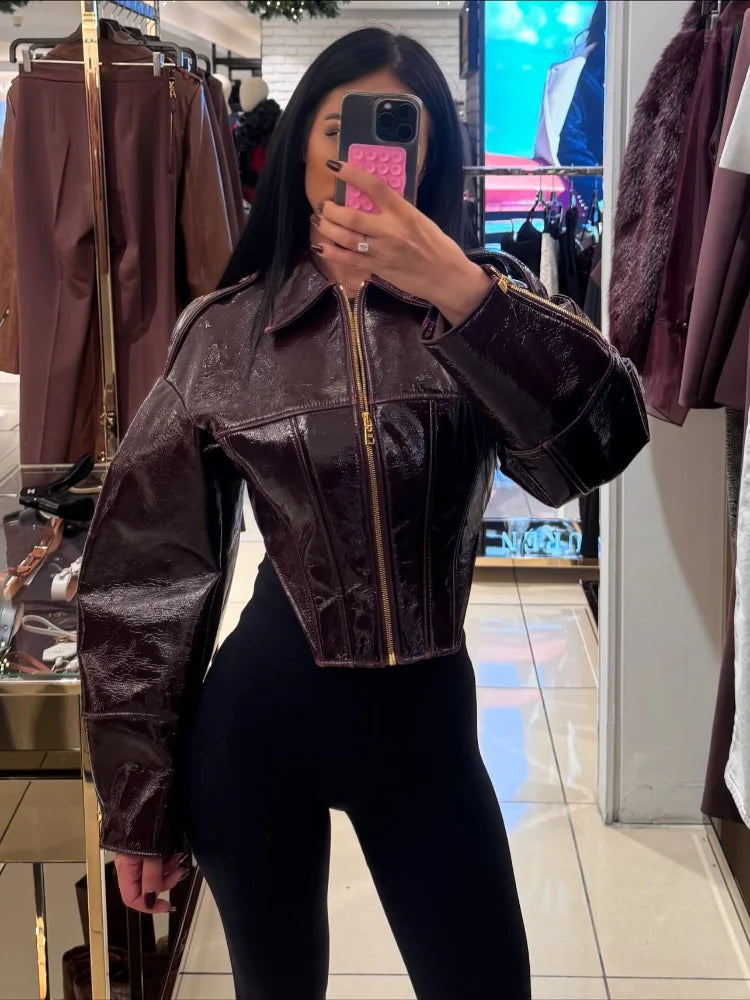 Glossy Cinched-Waist Faux Leather Jacket - Leah Partow