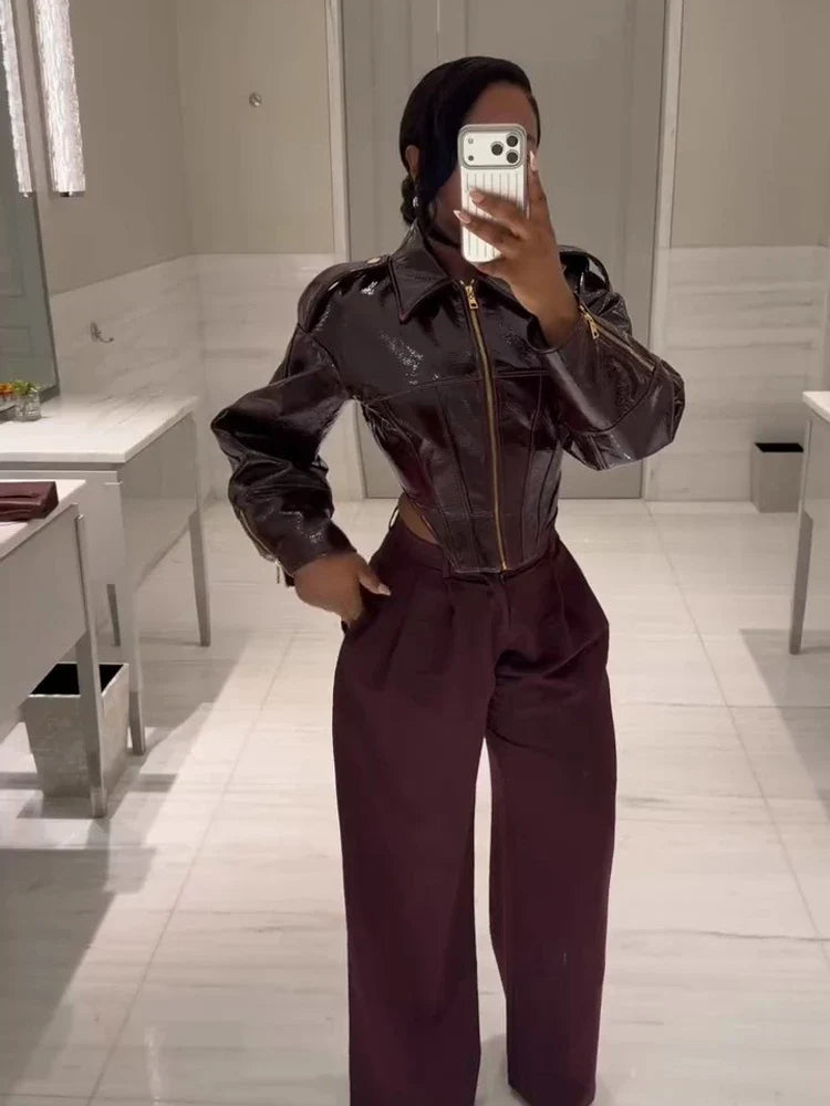 Glossy Cinched-Waist Faux Leather Jacket - Leah Partow