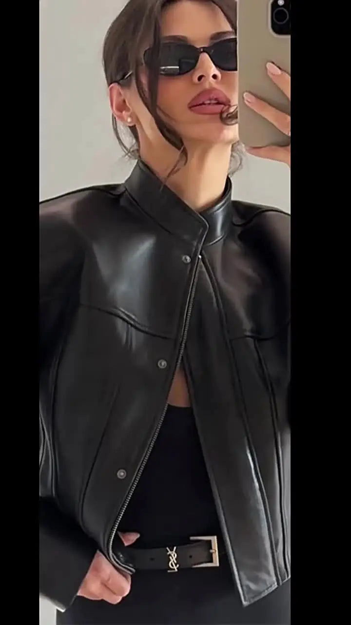 Cropped Leather-Look Bomber Jacket - Leah Partow