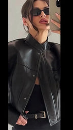 Cropped Leather-Look Bomber Jacket - Leah Partow