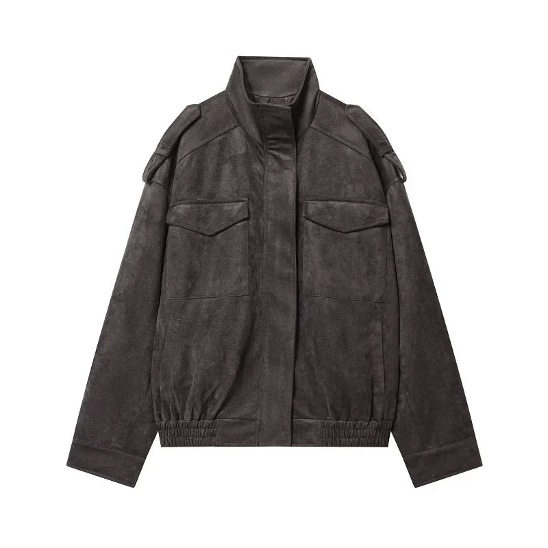 Suede-Like Utility Bomber Jacket - Leah Partow