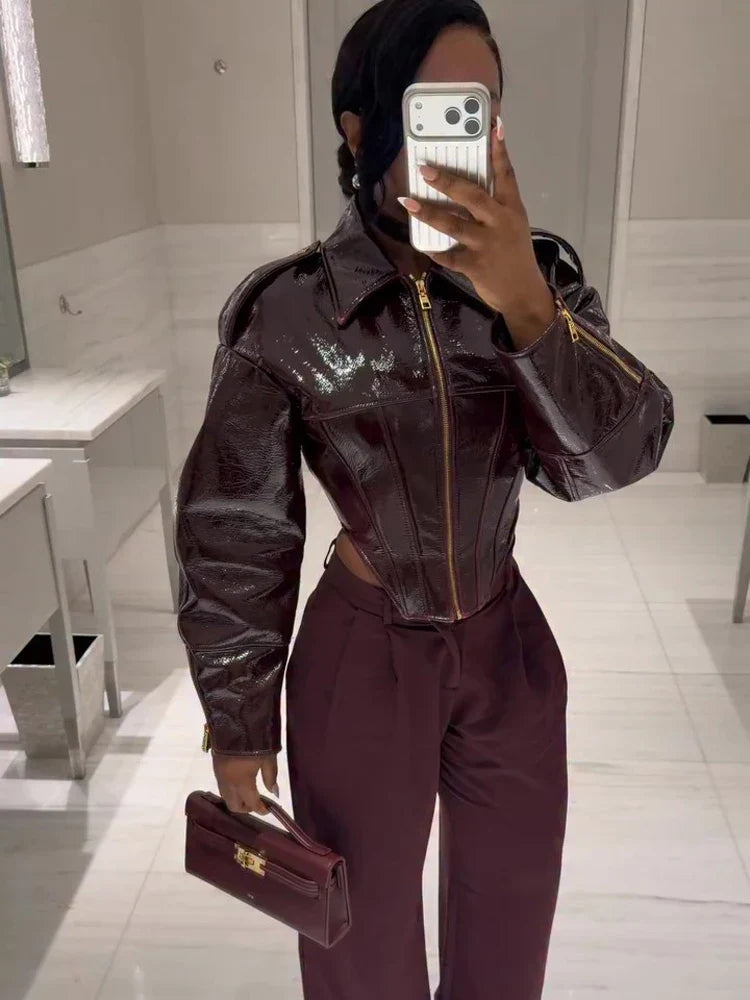 Glossy Cinched-Waist Faux Leather Jacket - Leah Partow