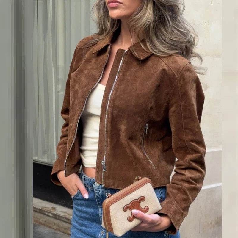 Brown Suede-Look Cropped Jacket - Leah Partow