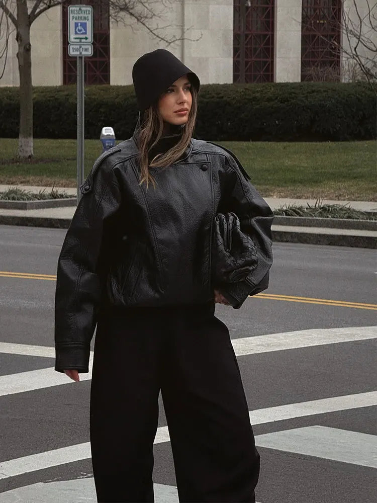 Cropped Faux Leather Moto Bomber Jacket - Leah Partow