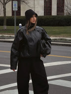 Cropped Faux Leather Moto Bomber Jacket - Leah Partow