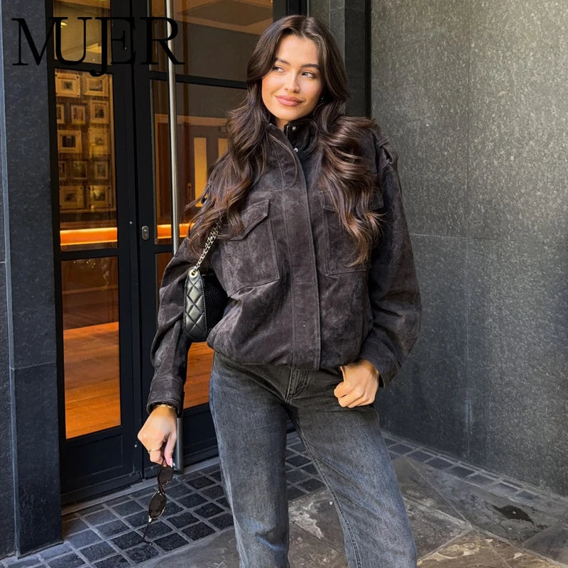Suede-Like Utility Bomber Jacket - Leah Partow