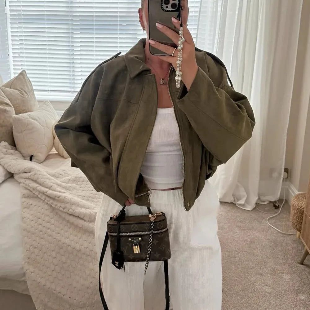 Cropped Suede-Like Bomber Jacket - Leah Partow
