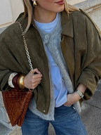 Suede-Like Cropped Bomber Jacket - Leah Partow
