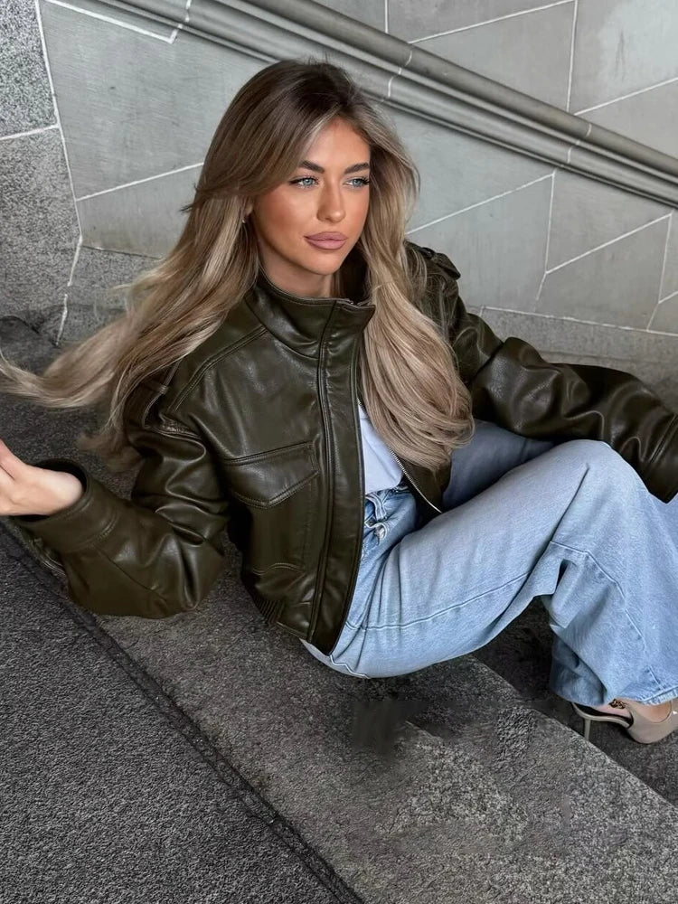 Cropped Faux Leather Bomber Jacket - Leah Partow