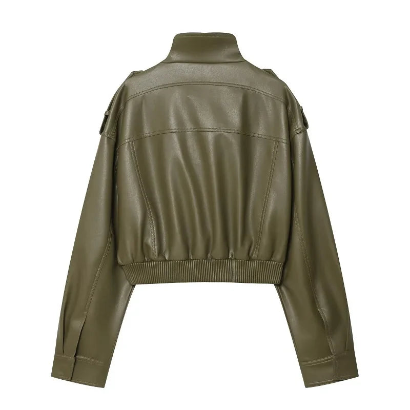 Cropped Faux Leather Bomber Jacket - Leah Partow