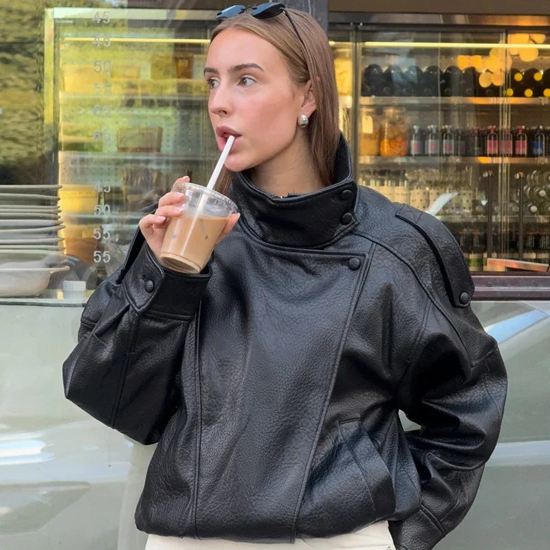 Black Faux Leather Biker Jacket - Leah Partow