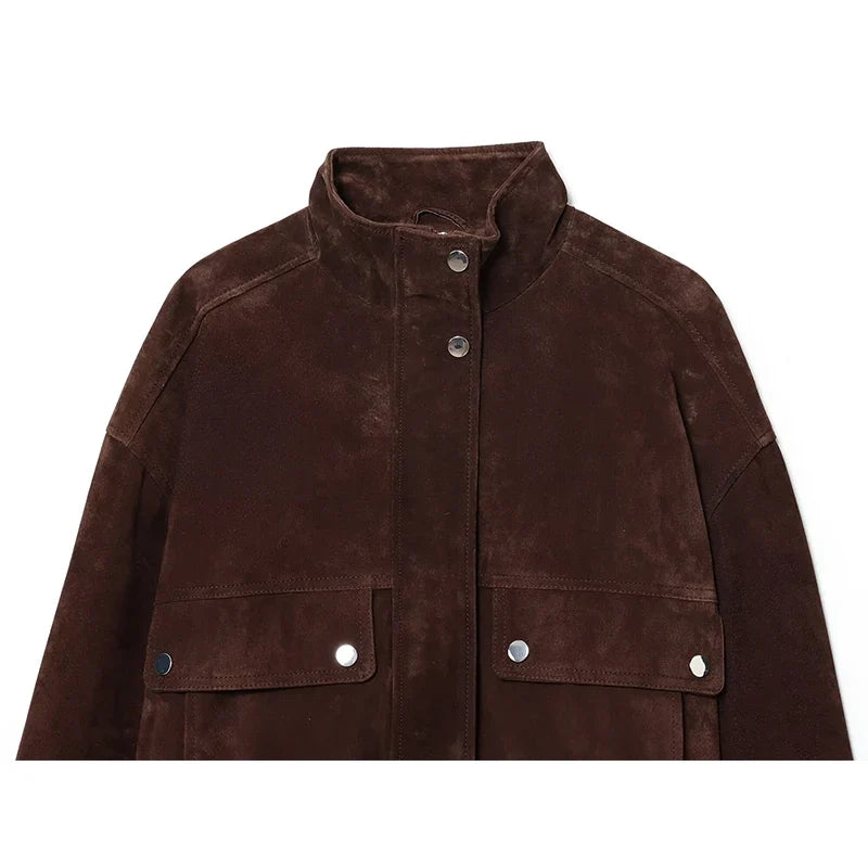 Brown Suede-Look Utility Jacket - Leah Partow