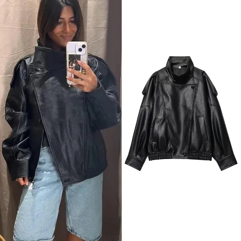 Oversized Faux Leather Stand Collar Jacket - Leah Partow