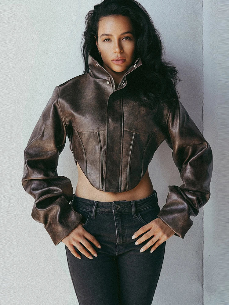 Fitted Leather-Look Crop Jacket in Black & Dark Brown - Leah Partow