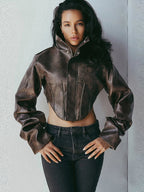 Fitted Leather-Look Crop Jacket in Black & Dark Brown - Leah Partow