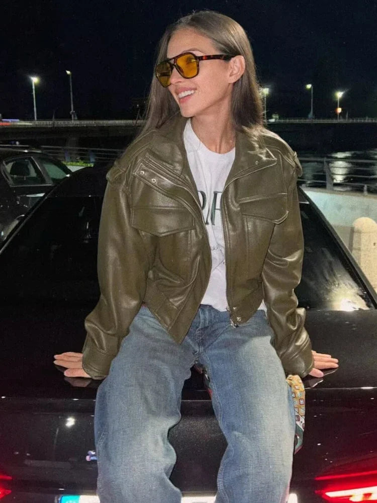 Cropped Faux Leather Bomber Jacket - Leah Partow