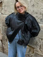 Oversized Faux Leather Stand Collar Jacket - Leah Partow