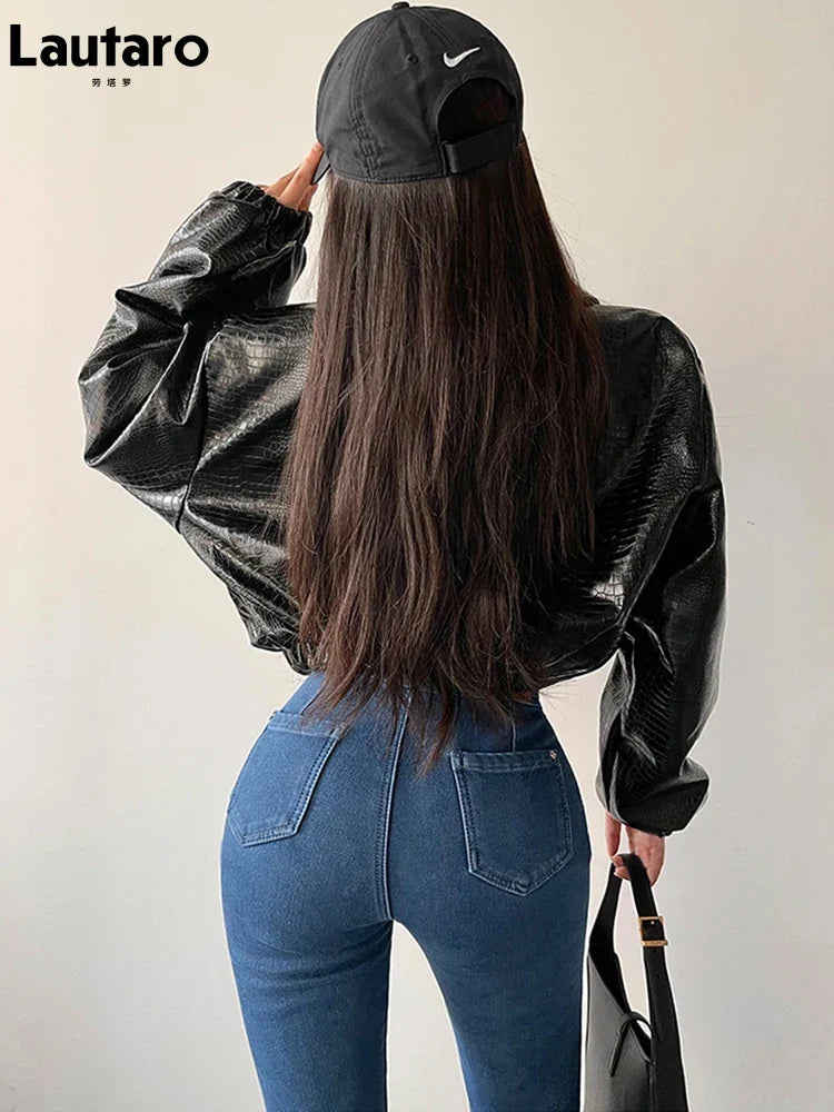 Cropped Crocodile Faux Leather Jacket - Leah Partow