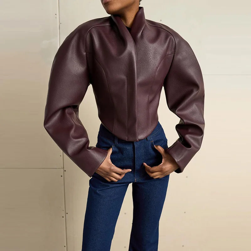 Cropped Faux Leather Stand Collar Jacket - Leah Partow