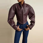 Cropped Faux Leather Stand Collar Jacket - Leah Partow