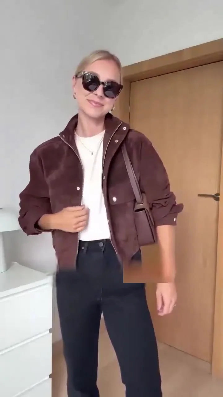 Brown Suede-Look Utility Jacket - Leah Partow