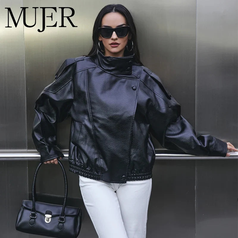 Oversized Faux Leather Bomber Jacket - Leah Partow