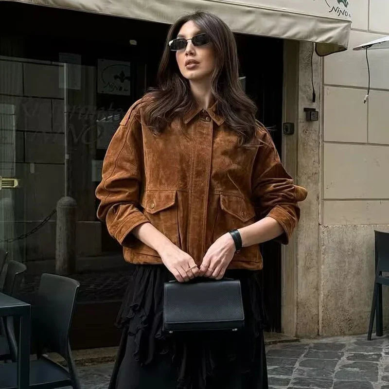 Suede-Like Utility Bomber Jacket - Leah Partow