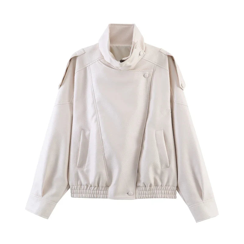 Cropped Faux Leather Moto Bomber Jacket - Leah Partow