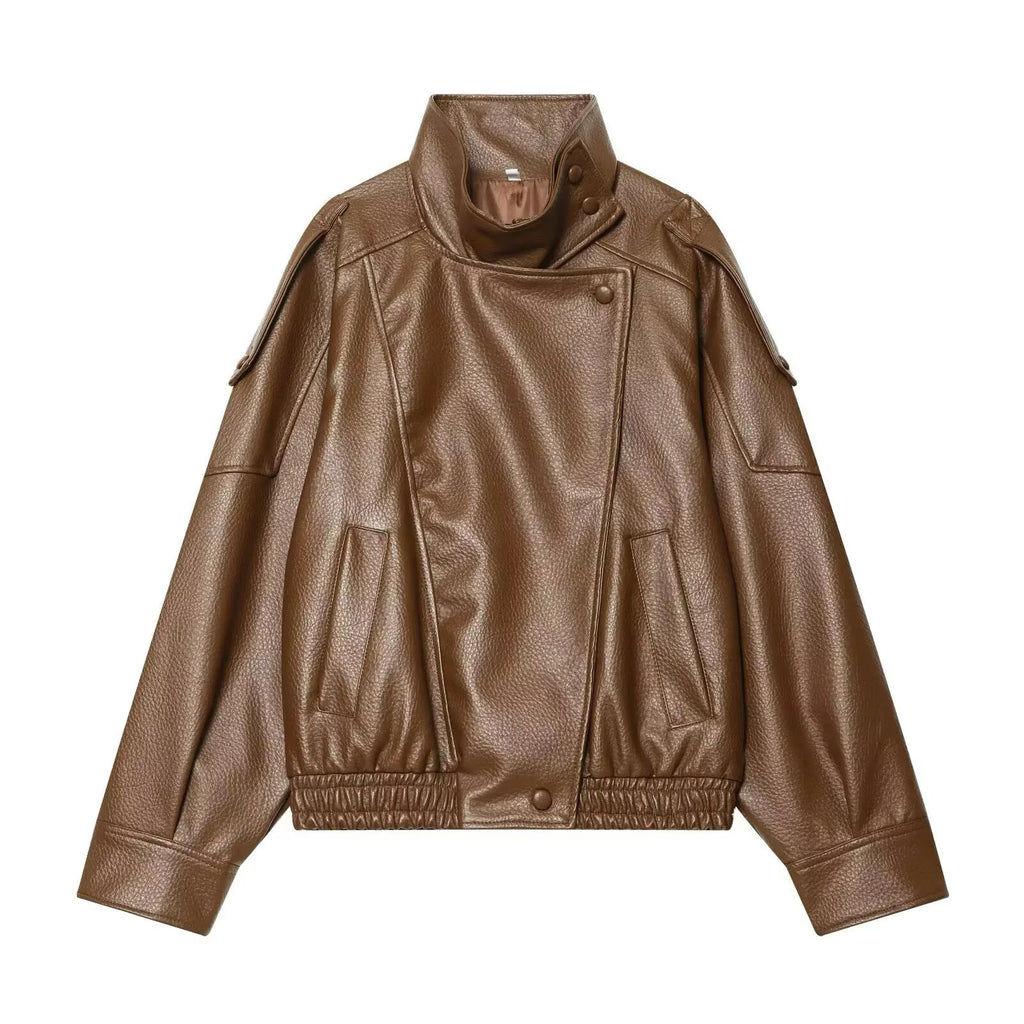 Oversized Faux Leather Stand Collar Jacket - Leah Partow