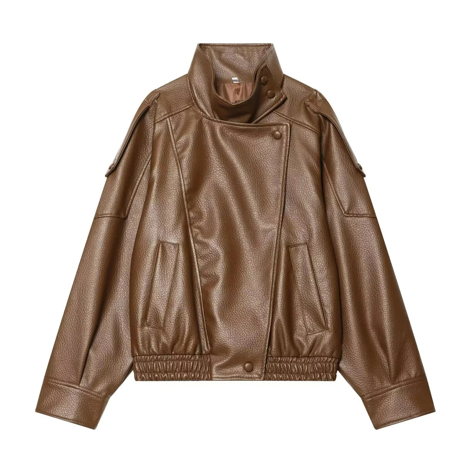 Oversized Faux Leather Stand Collar Jacket - Leah Partow
