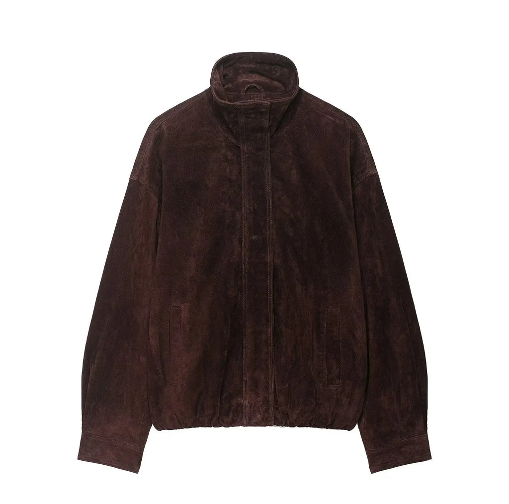 Deep Brown Suede-Like Bomber Jacket - Leah Partow