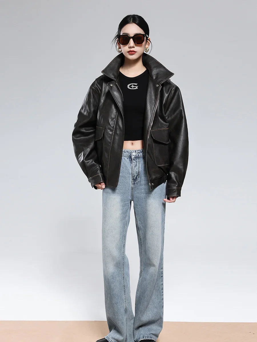 Distressed Faux Leather Utility Jacket - Leah Partow