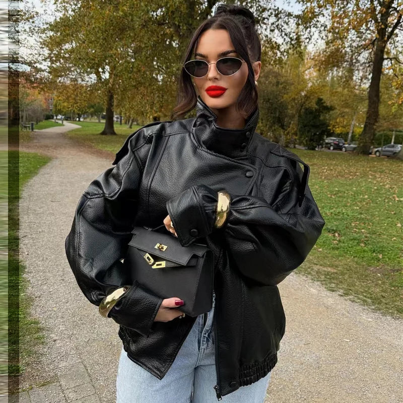 Cropped Leather-Look Bomber Jacket - Leah Partow