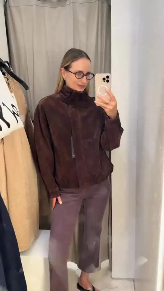 Deep Brown Suede-Like Bomber Jacket - Leah Partow