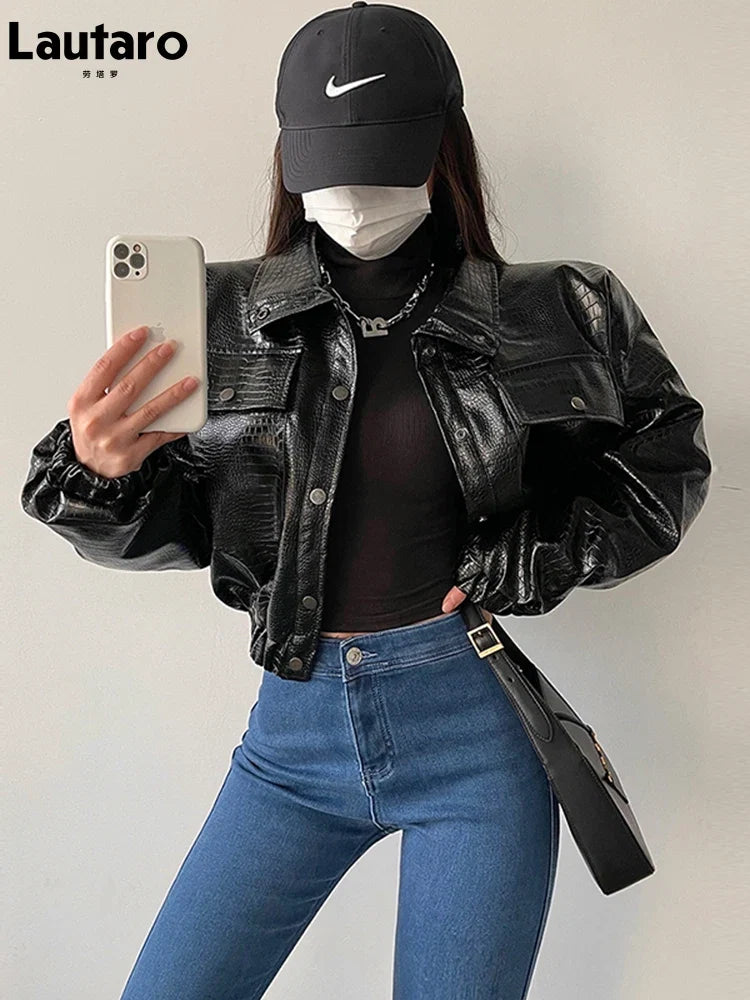 Cropped Crocodile Faux Leather Jacket - Leah Partow