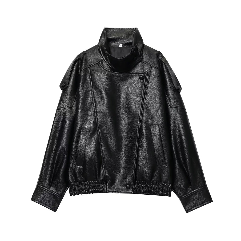 Oversized Faux Leather Stand Collar Jacket - Leah Partow