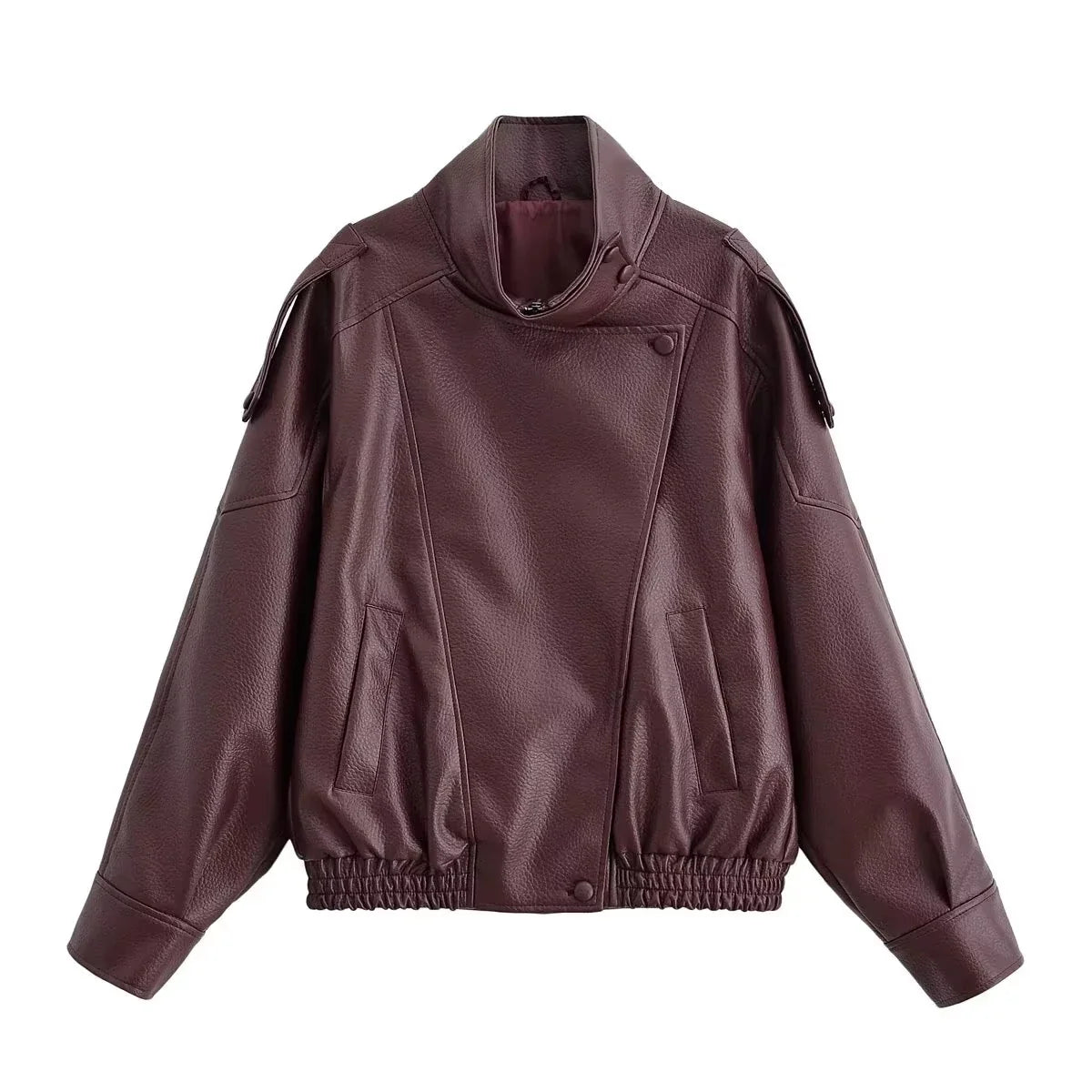 Stand Collar Faux Leather Jacket - Leah Partow
